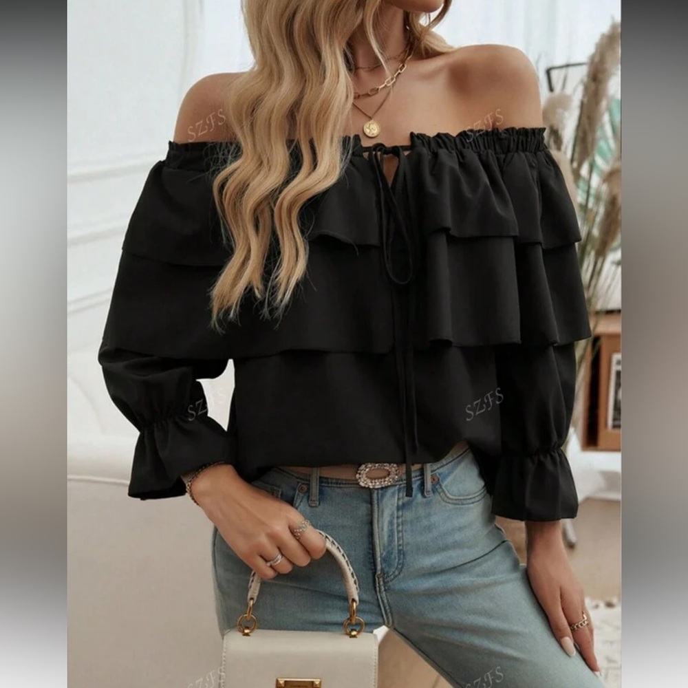 Stylish Black Ruffle Off-Shoulder Blouse - Picture 4 of 5